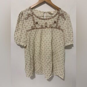 Flower and Feather Bohemian Embroidered Cream and Brown Women's Top